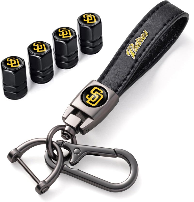 Kaleduo for SD Padres Baseball Fans Car Keychain with Tire Valve Caps, Car Keyring and Valve Stem Caps Compatible with Key Fob Holder, Delicate Gifts for Men Women, Padres - Image 1
